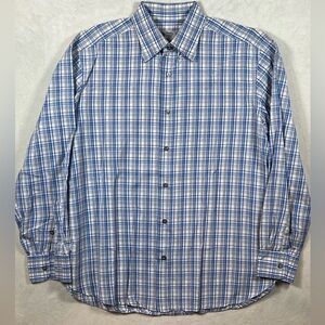 Brioni XL Navy Plaid 100% Cotton Button Front Summer Plaid Pointed Collar Shirt